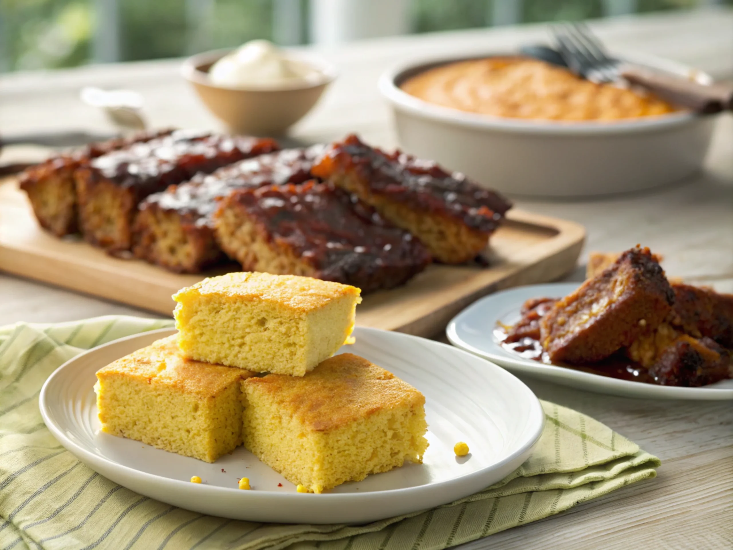 Golden cornbread slices with BBQ ribs on a plate in vibrant lighting