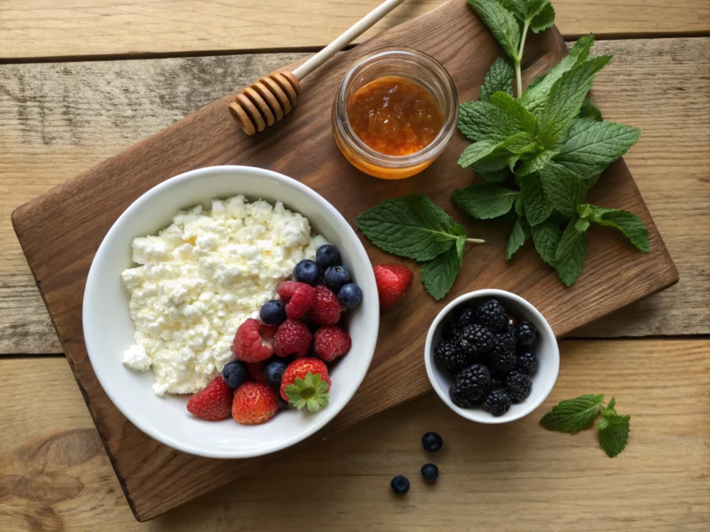 Flat-lay of ingredients like berries, honey, and mint