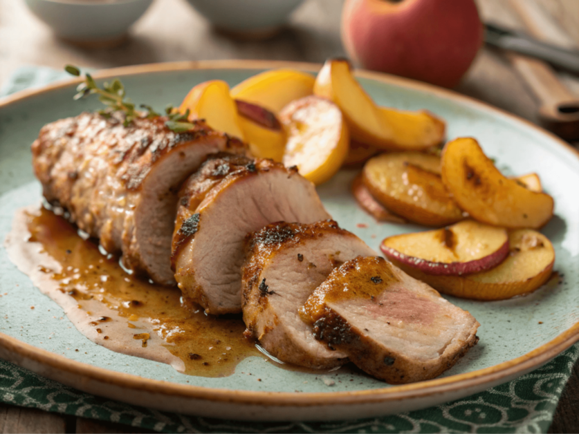 Plated roasted meat with caramelized apple slices.