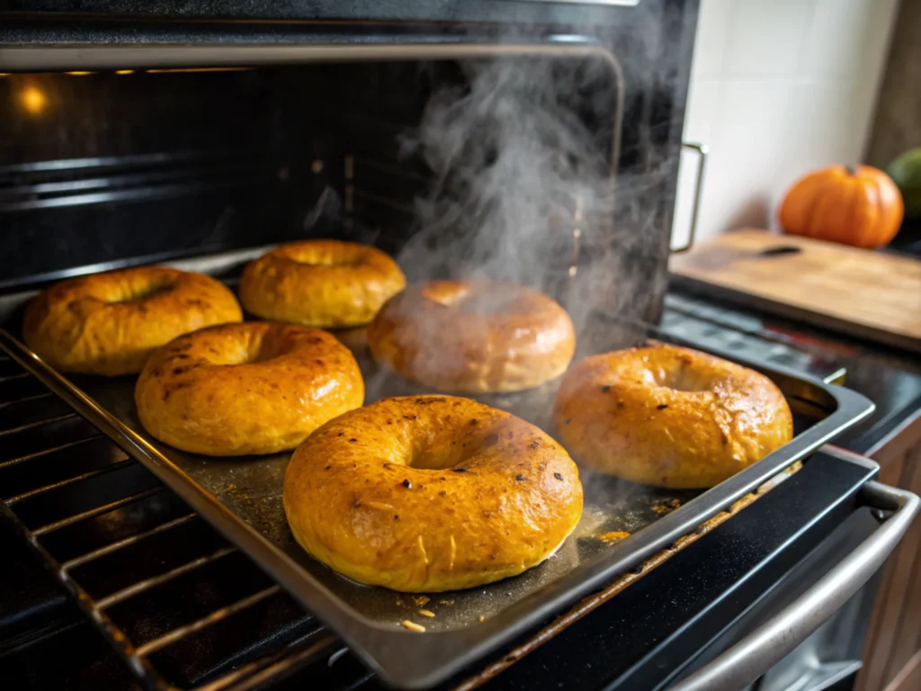 Bagels baking in the oven with steam rising and a golden crust, illuminated by vibrant kitchen lighting