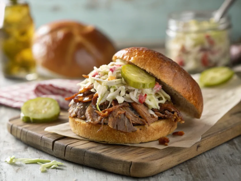 Close-up of a sandwich with pulled pork, coleslaw, and pickles