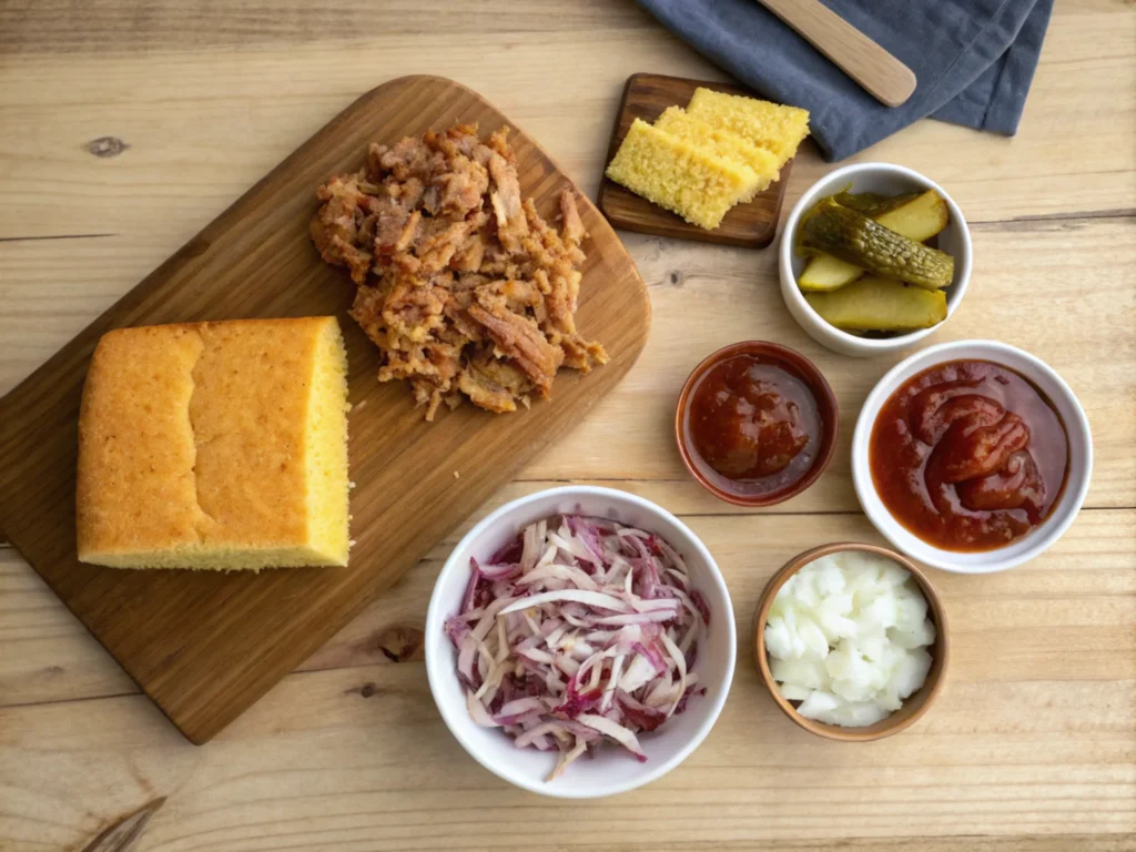 Flat-lay of pulled pork, BBQ sauce, cornbread, and pickles, neatly arranged on a wooden surface.