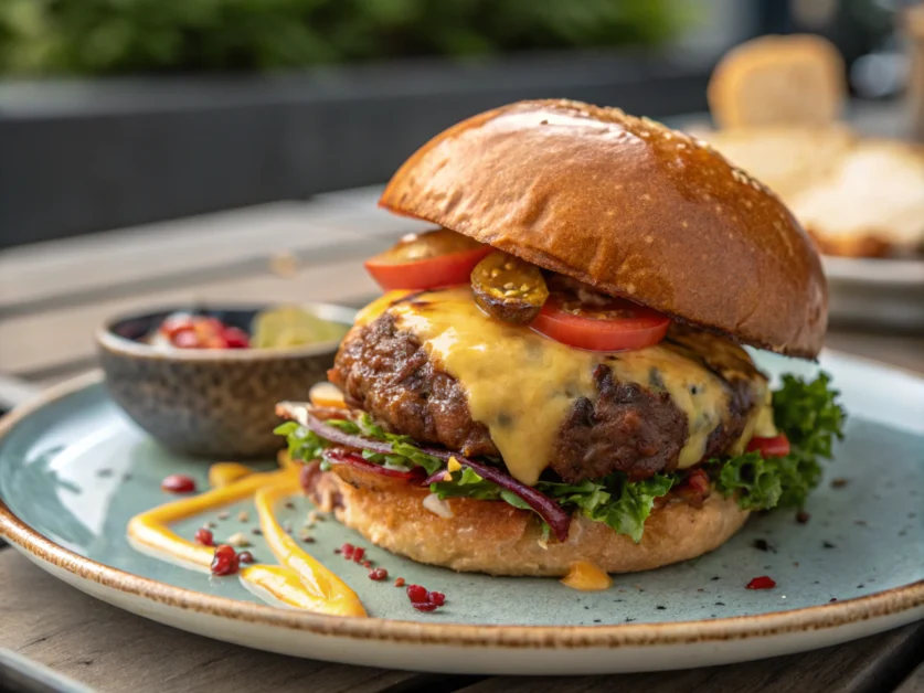 A delicious beef burger on a ceramic plate with vibrant lighting