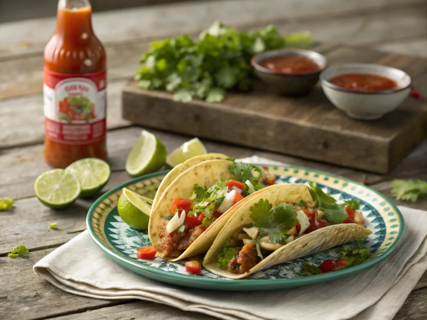 Tacos with red sauce and lime on a rustic table