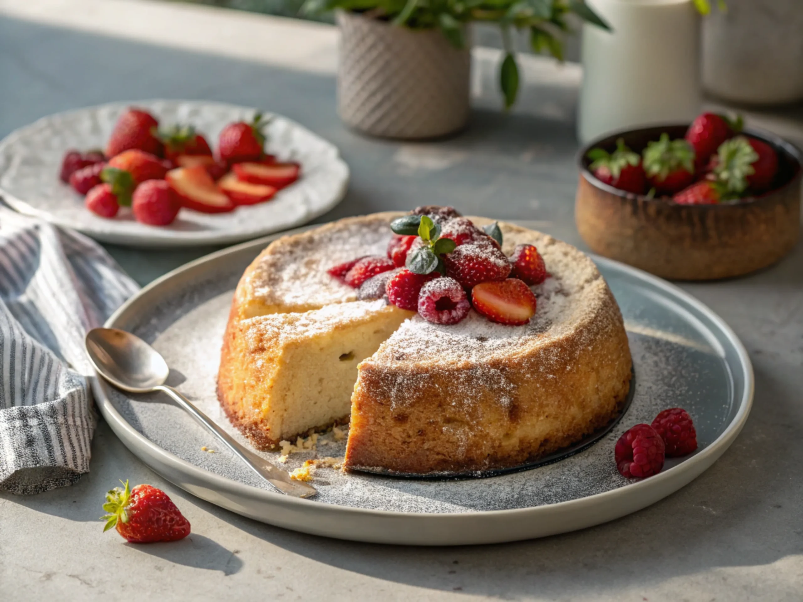 Freshly baked cake on a modern plate with vibrant natural lighting