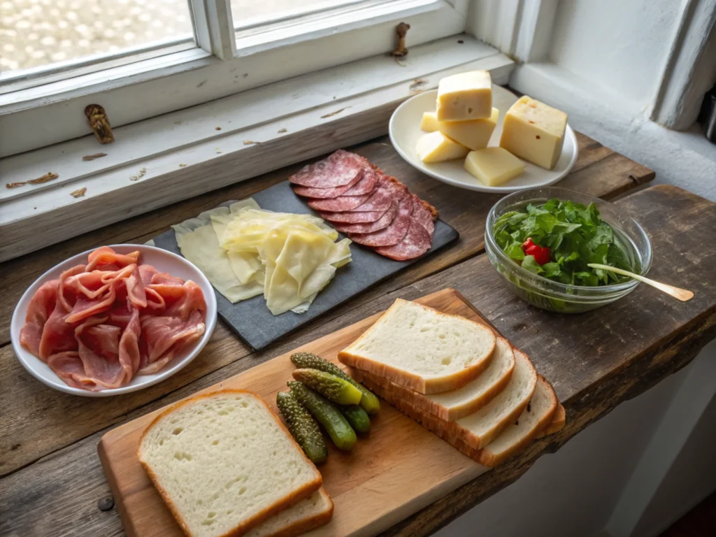 Flat-lay of fresh ingredients for a gourmet sandwich, arranged neatly on a rustic wooden countertop with soft morning light.