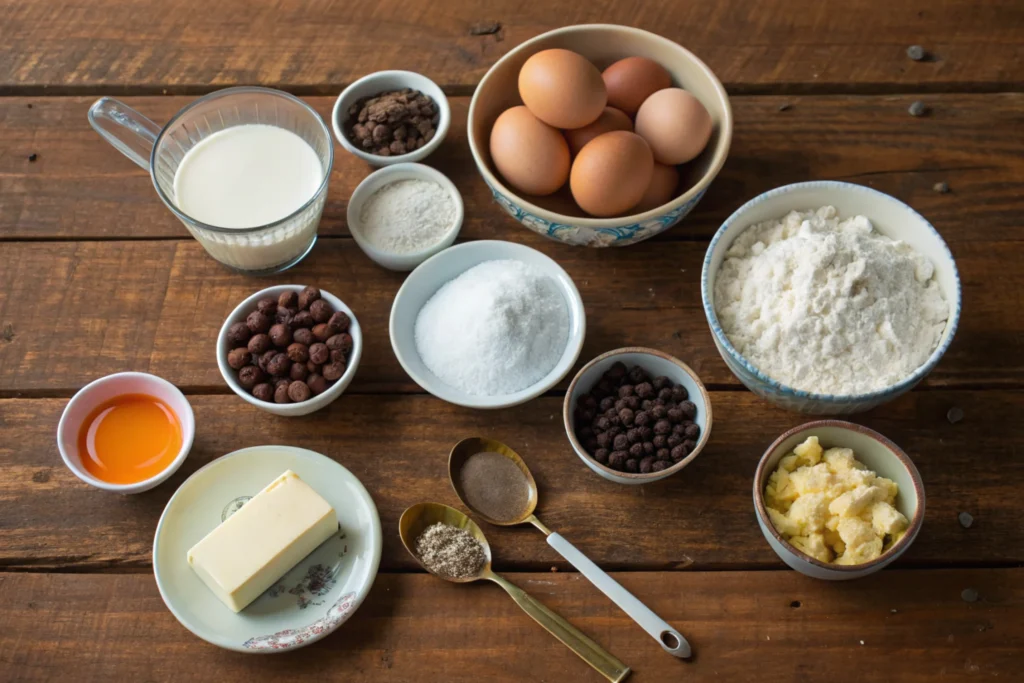 Flat-lay of essential baking ingredients on a rustic surface with warm lighting.