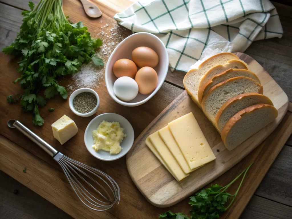 Ingredients for a breakfast sandwich arranged neatly on a countertop