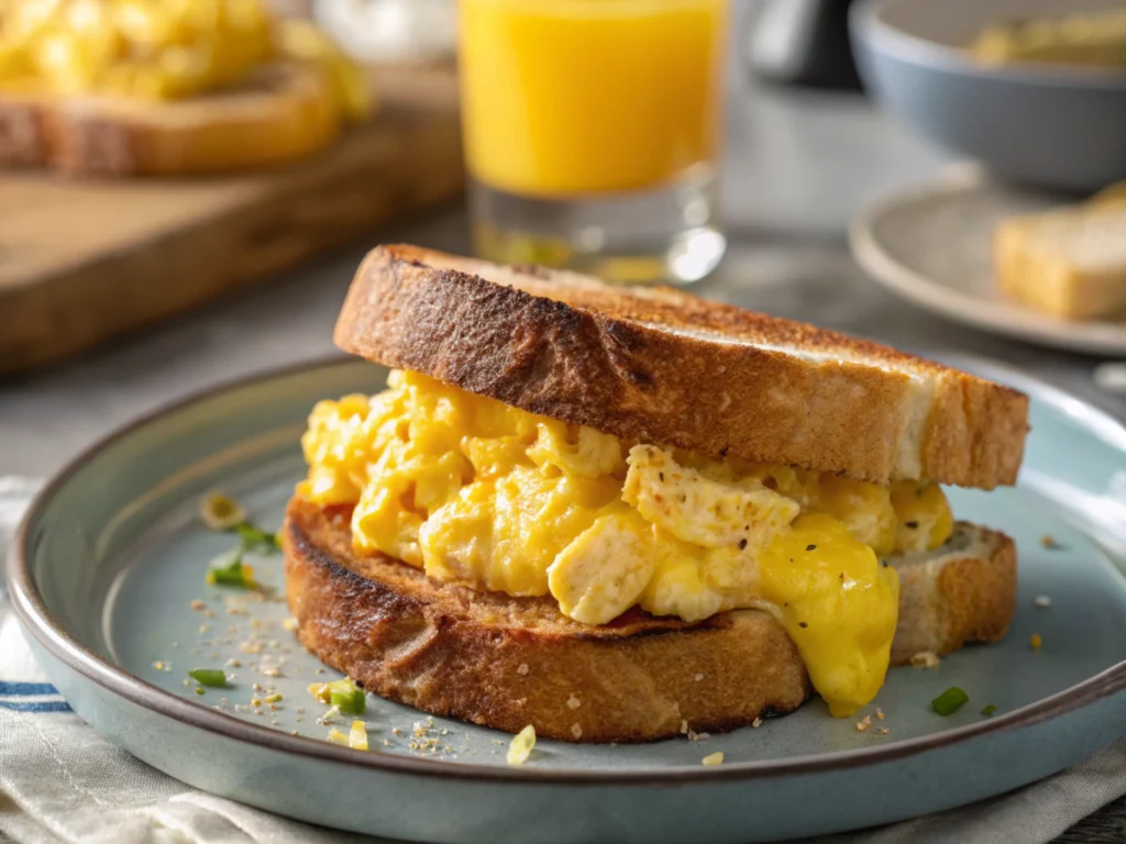 Scrambled egg sandwich on a ceramic plate with natural lighting.