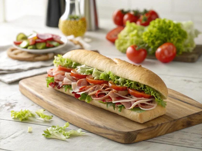 Beautifully plated sub sandwich on a wooden board