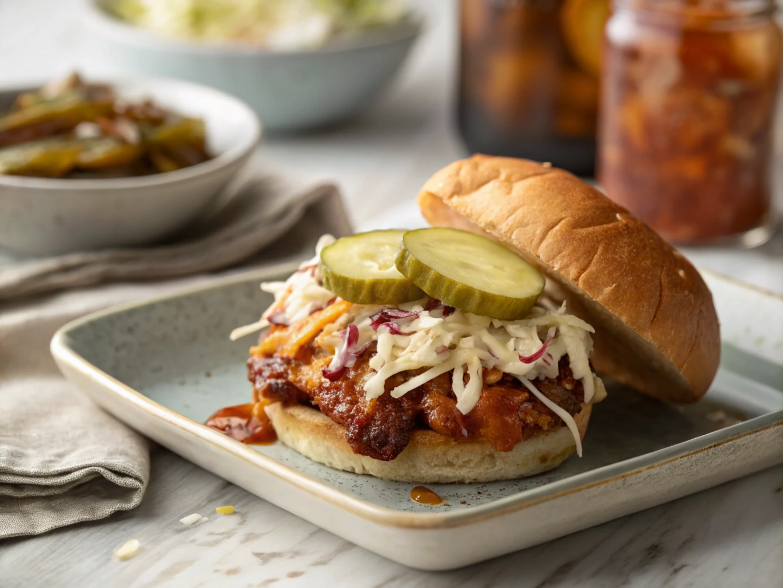 Plated sandwich with coleslaw and pickles