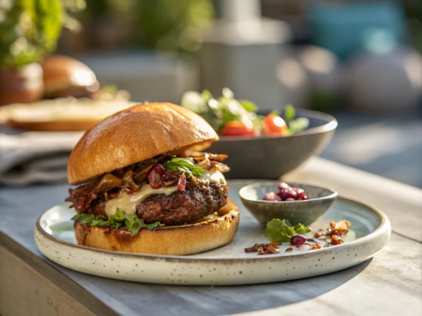 Plated burger with fresh toppings and vibrant lighting.