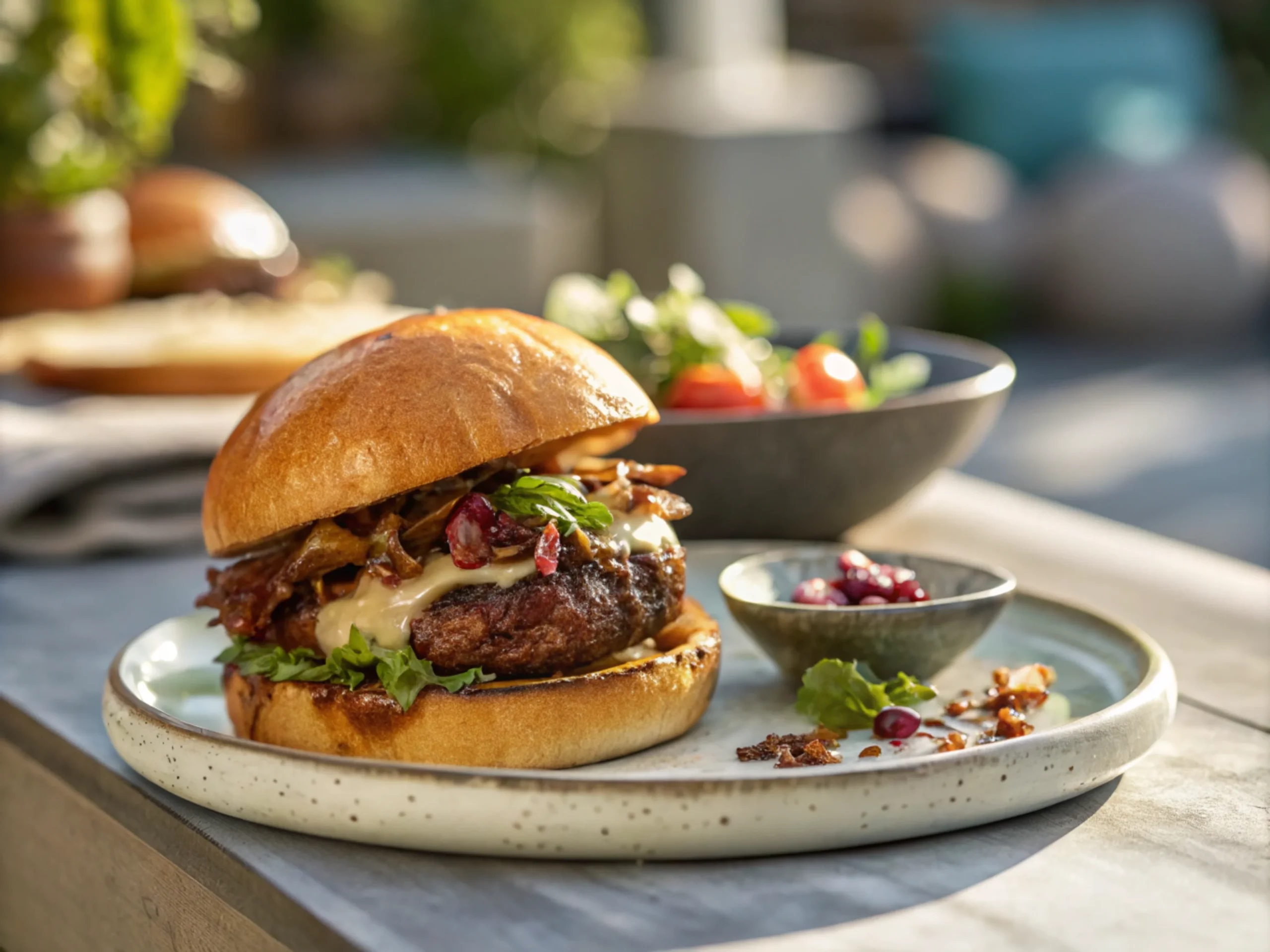 Plated burger with fresh toppings and vibrant lighting.