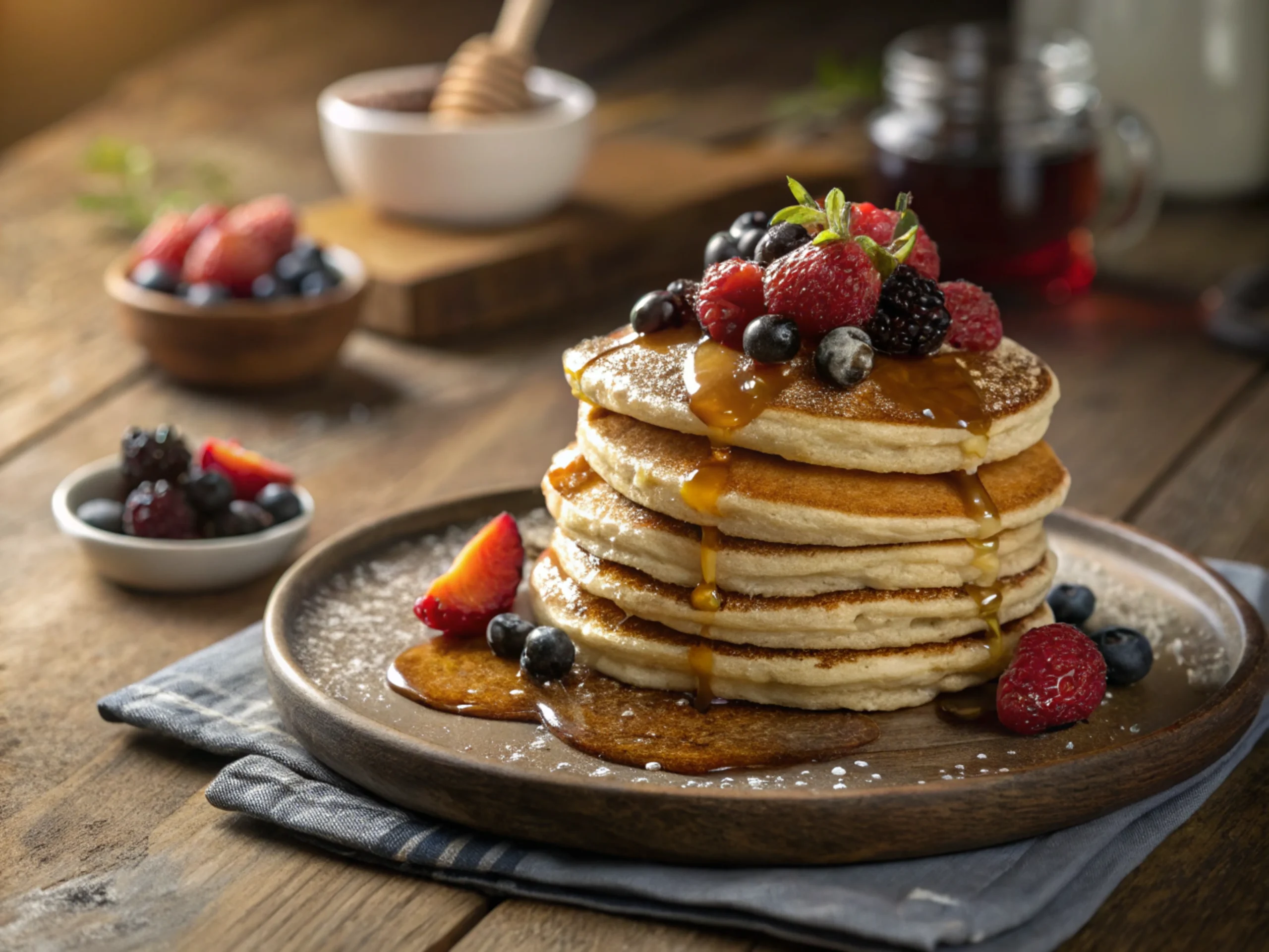 Stack of golden pancakes topped with berries and syrup