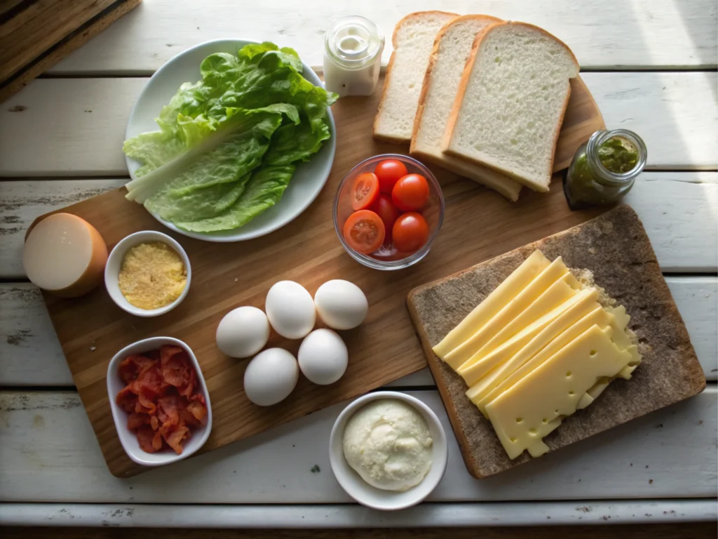 Fresh ingredients for an Egg Drop Sandwich arranged neatly