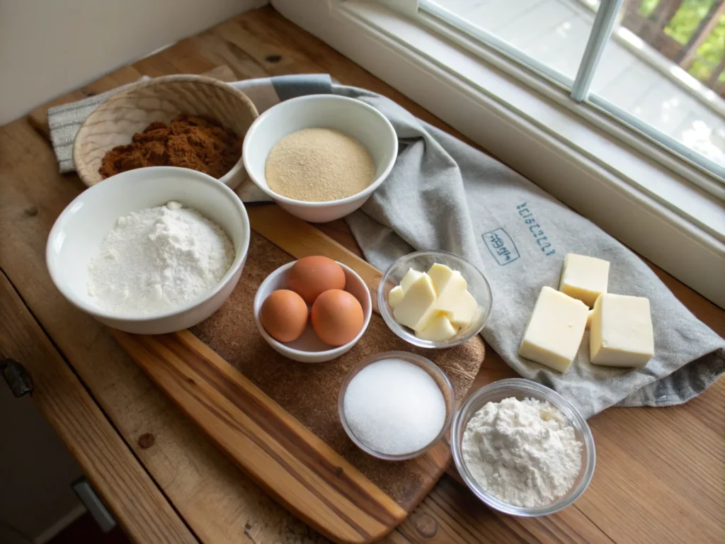 Fresh ingredients for baking on a rustic wooden countertop with natural lighting.