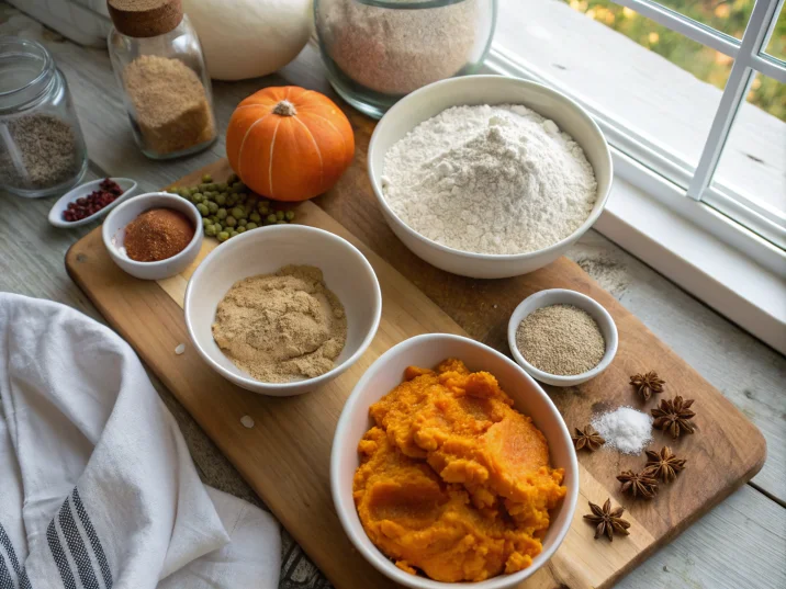 Ingredients for homemade pumpkin bagels on a rustic countertop