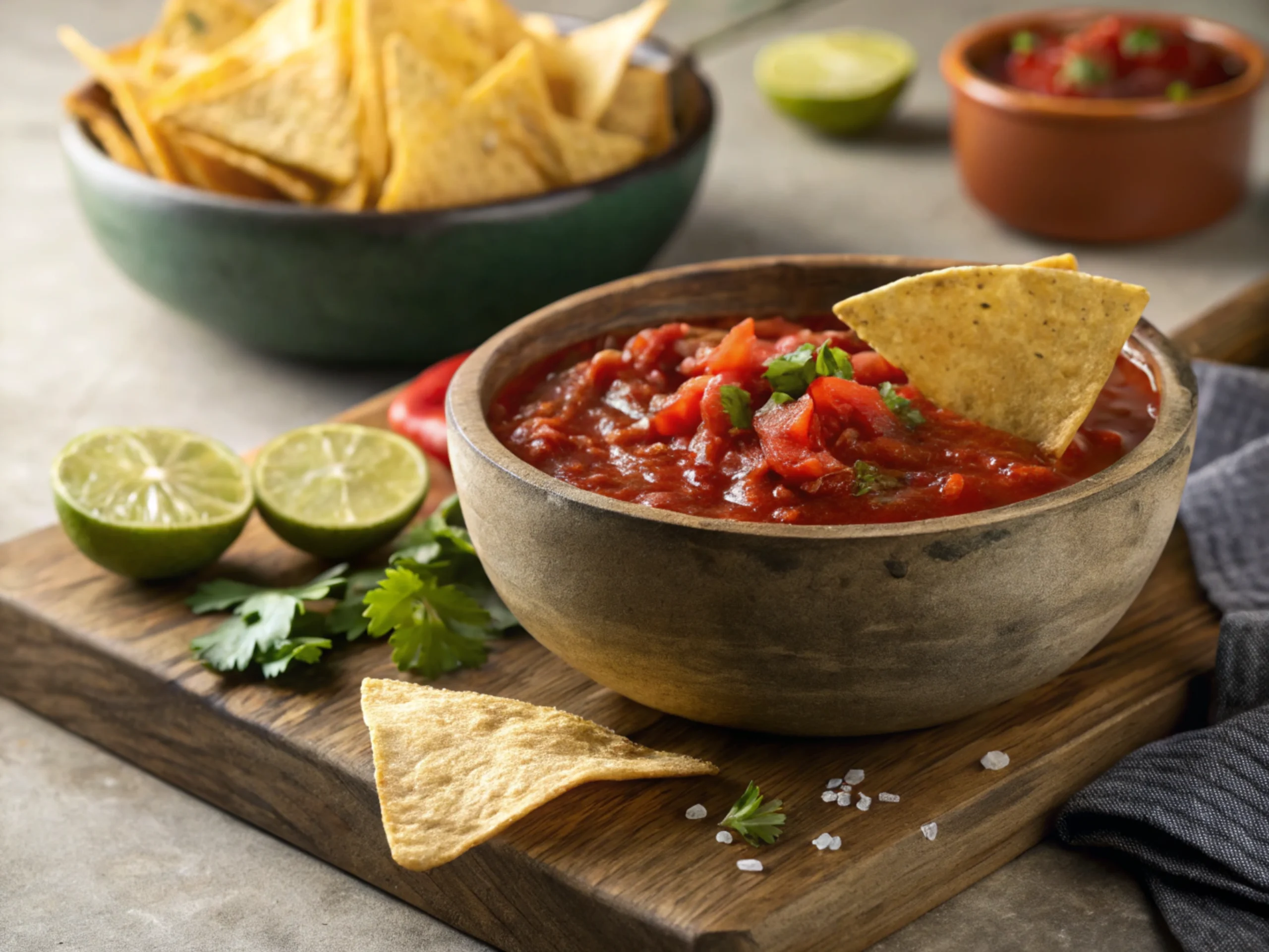 Salsa roja served in a rustic bowl with tortilla chips