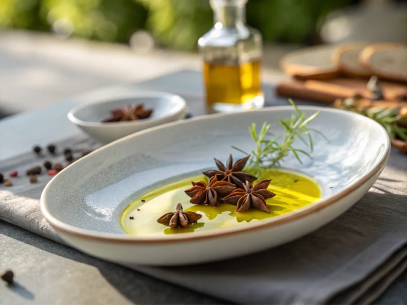 A beautifully plated dessert with vibrant lighting