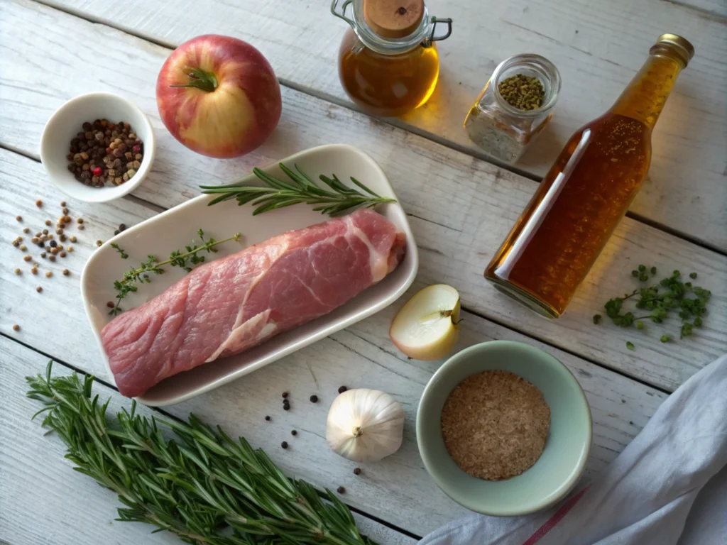 Flat-lay of pork tenderloin ingredients including apple cider vinegar, herbs, and spices on a wooden table