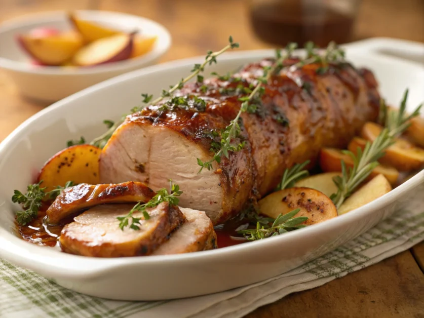 Glazed apple cider pork tenderloin garnished with fresh herbs on a white ceramic plate