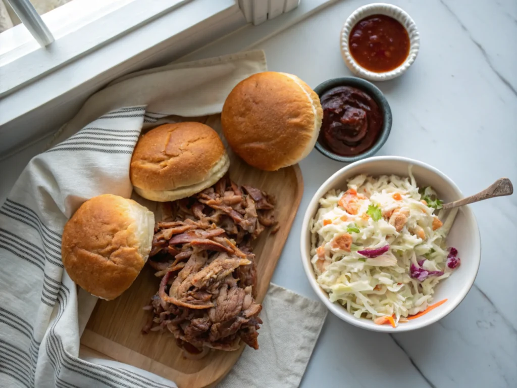 Beautifully plated Memphis Style BBQ Sandwich on a rustic wooden table.