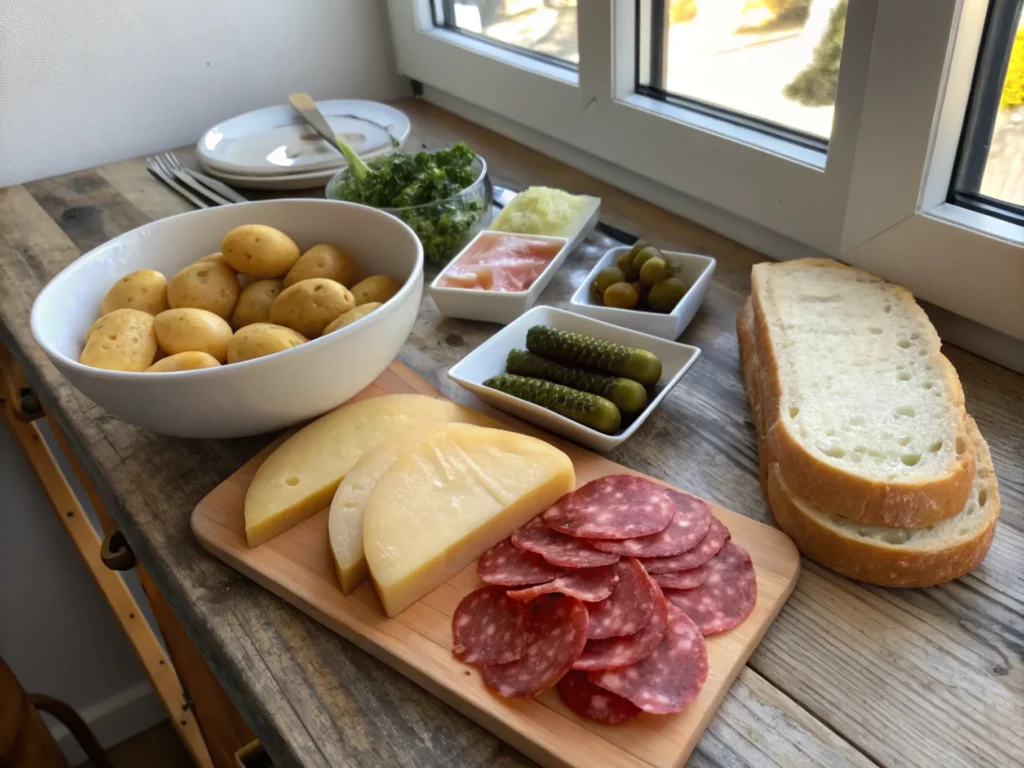 Fresh ingredients arranged on a wooden surface.