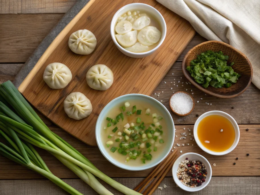 Flat-lay of dumpling ingredients on a wooden surface.