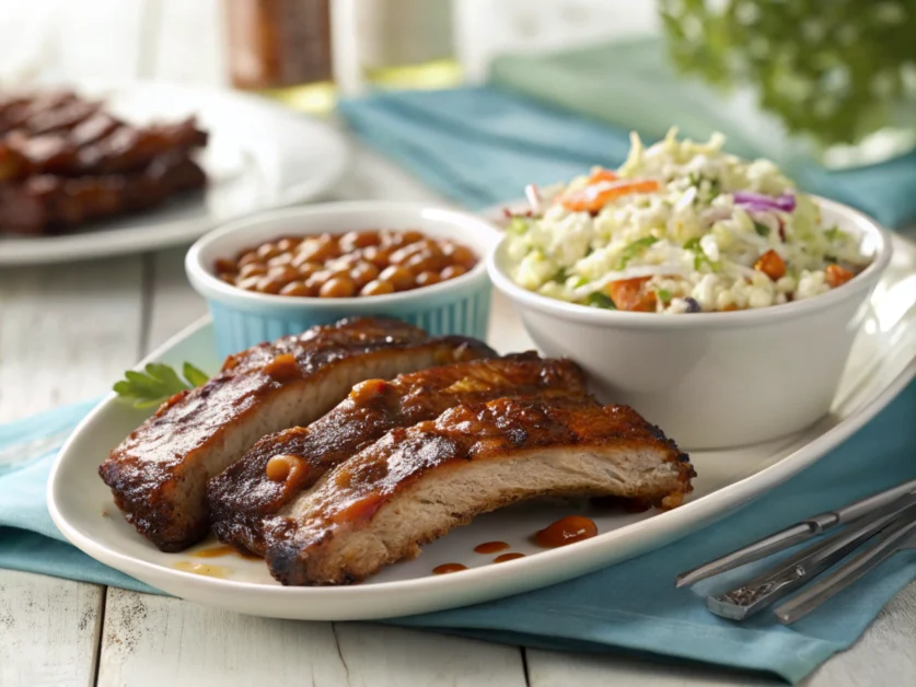 BBQ ribs with coleslaw and baked beans, beautifully plated