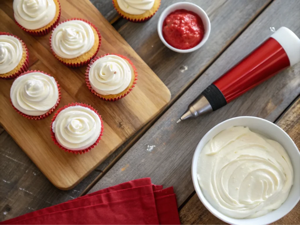 Flat-lay of cupcake ingredients on a wooden counter