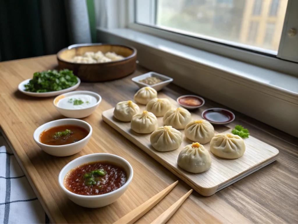 Flat-lay of cooking ingredients and dipping sauces neatly arranged on a wooden countertop.