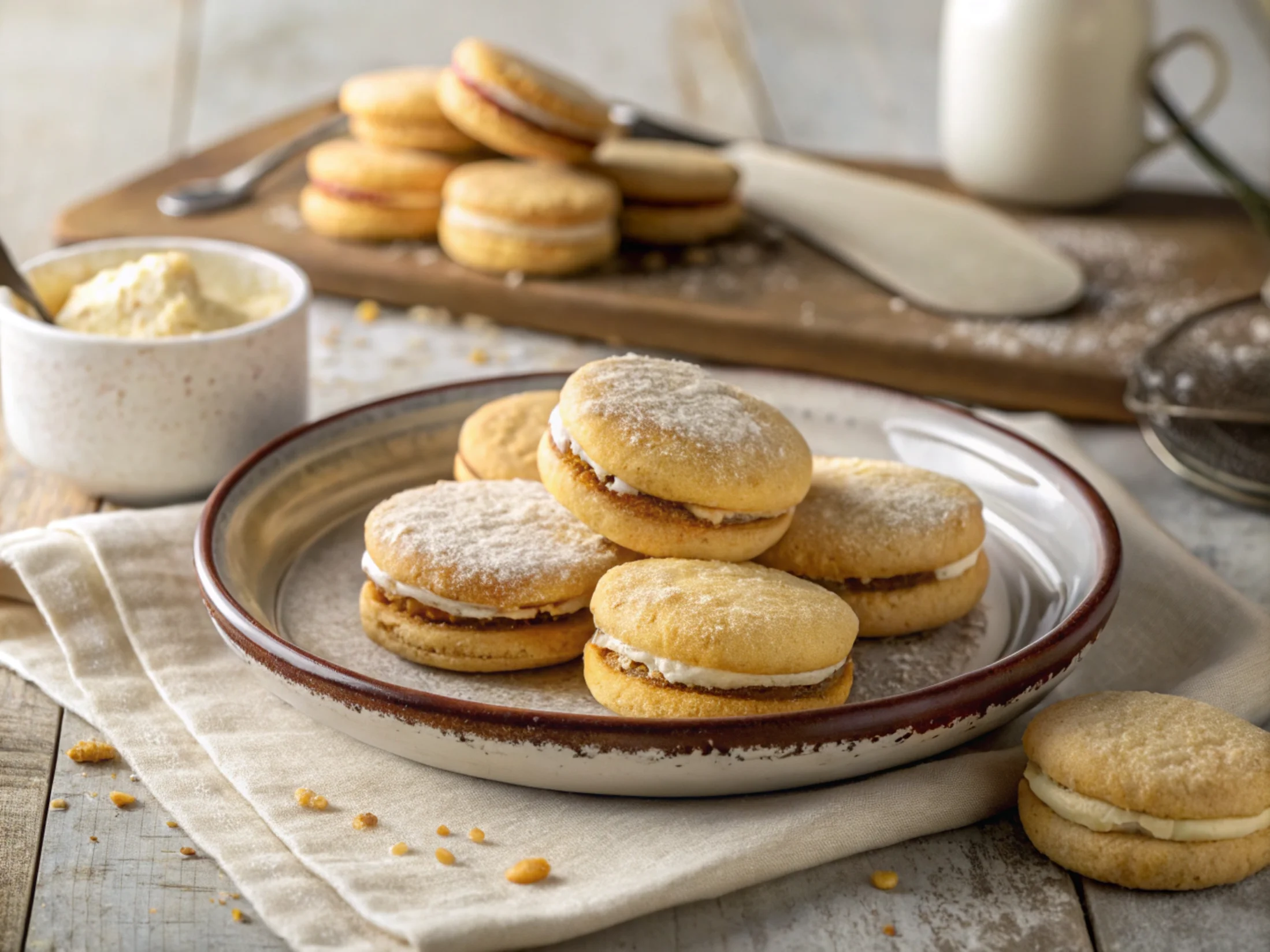 Golden biscuits plated on a ceramic dish with natural lighting