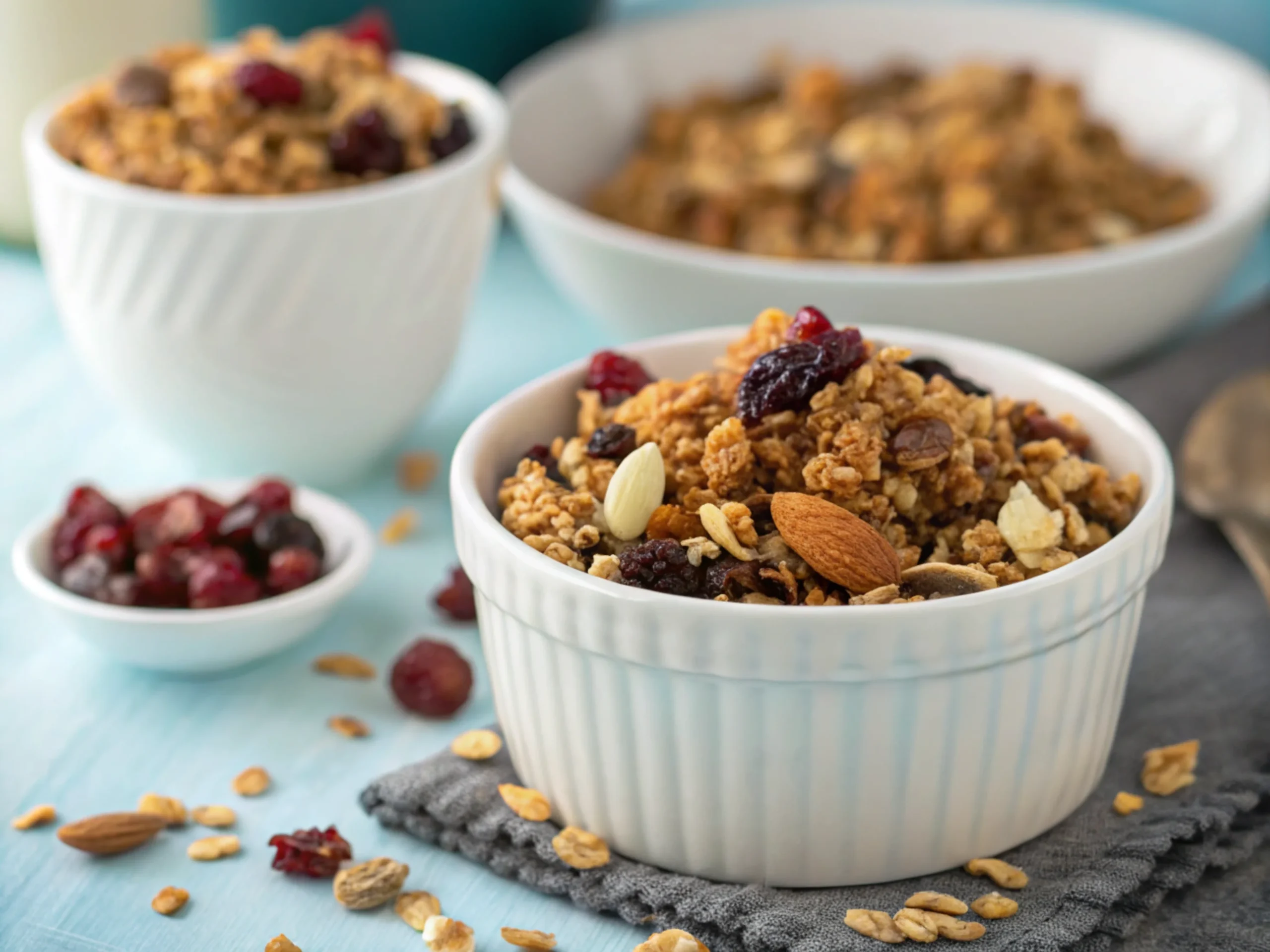 Crunchy homemade granola served in a white bowl with dried fruits