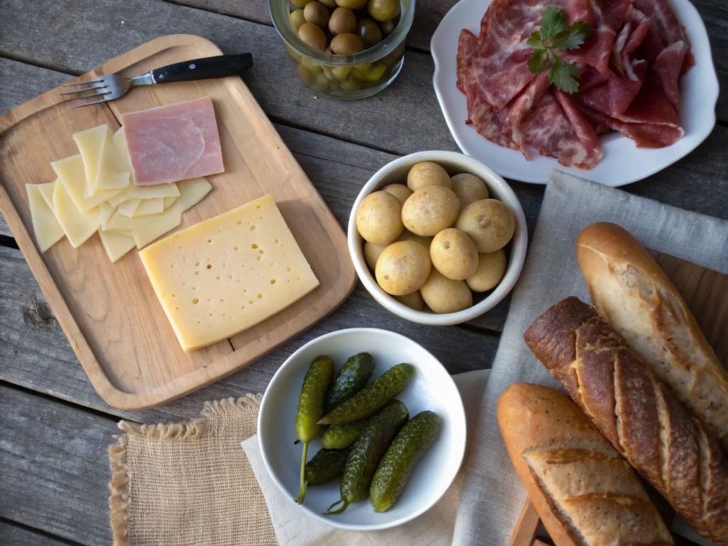 Ingredients for raclette meal on a rustic table with natural lighting