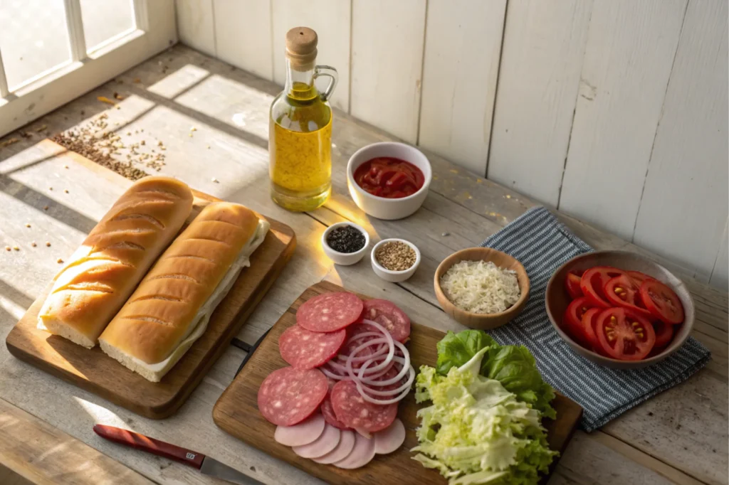 Flat-lay of ingredients on a wooden countertop