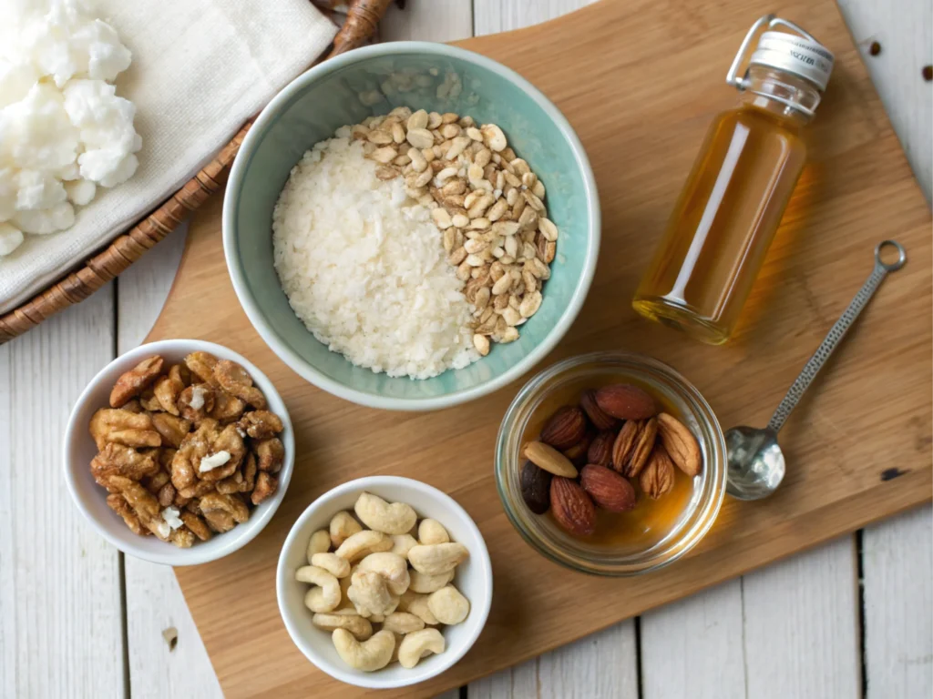 Ingredients arranged neatly on a wooden table