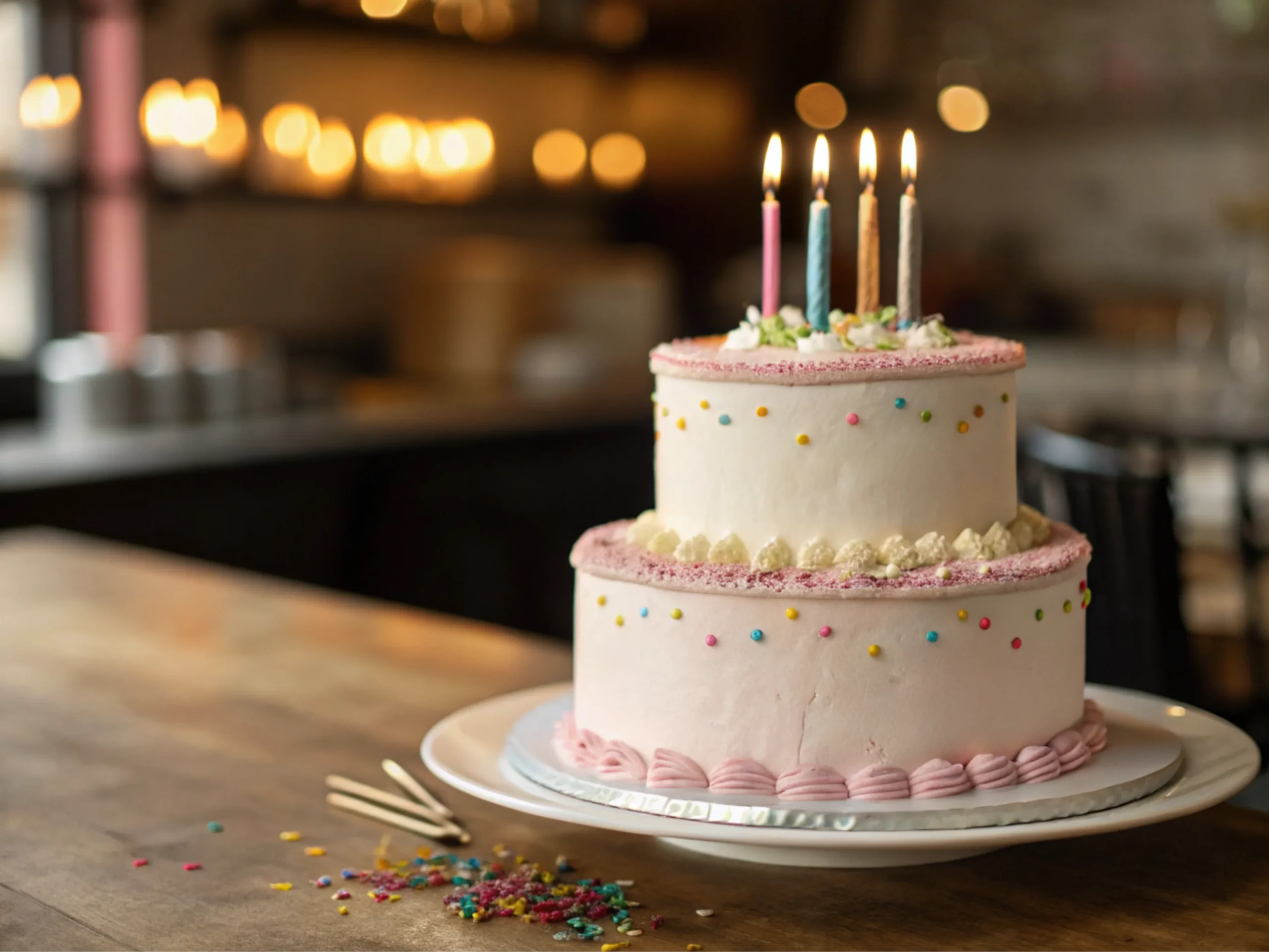 Elegant cake with lit candles and soft pastel frosting