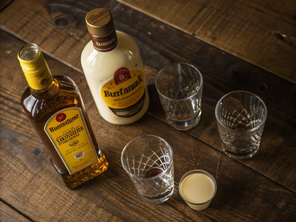 Flat-lay of ingredients for a Butterball Shot, including labeled bottles of butterscotch schnapps and Irish cream, arranged with shot glasses on a rustic wooden table under warm lighting.