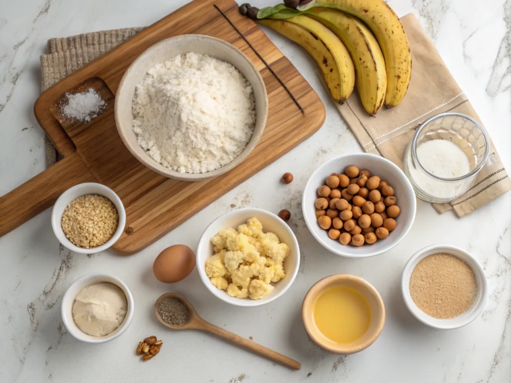 Flat-lay of ingredients for Maui-style banana bread, featuring bananas, macadamia nuts, shredded coconut, and brown sugar on a rustic wooden countertop