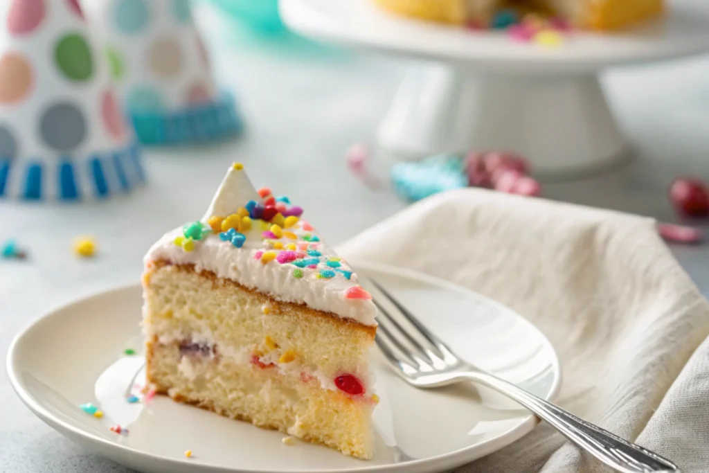 Cake slice with raspberries and chocolate drizzle.