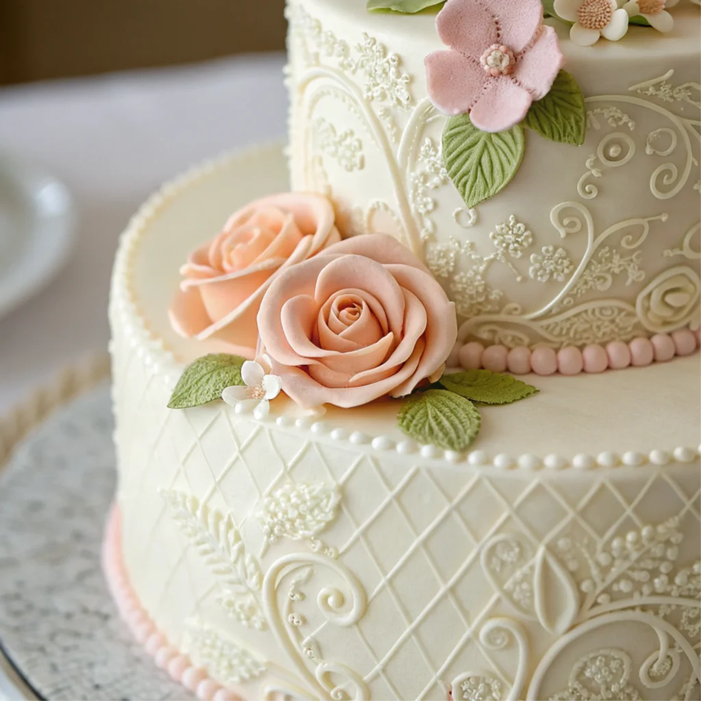 Close-up of fondant flowers and smooth icing