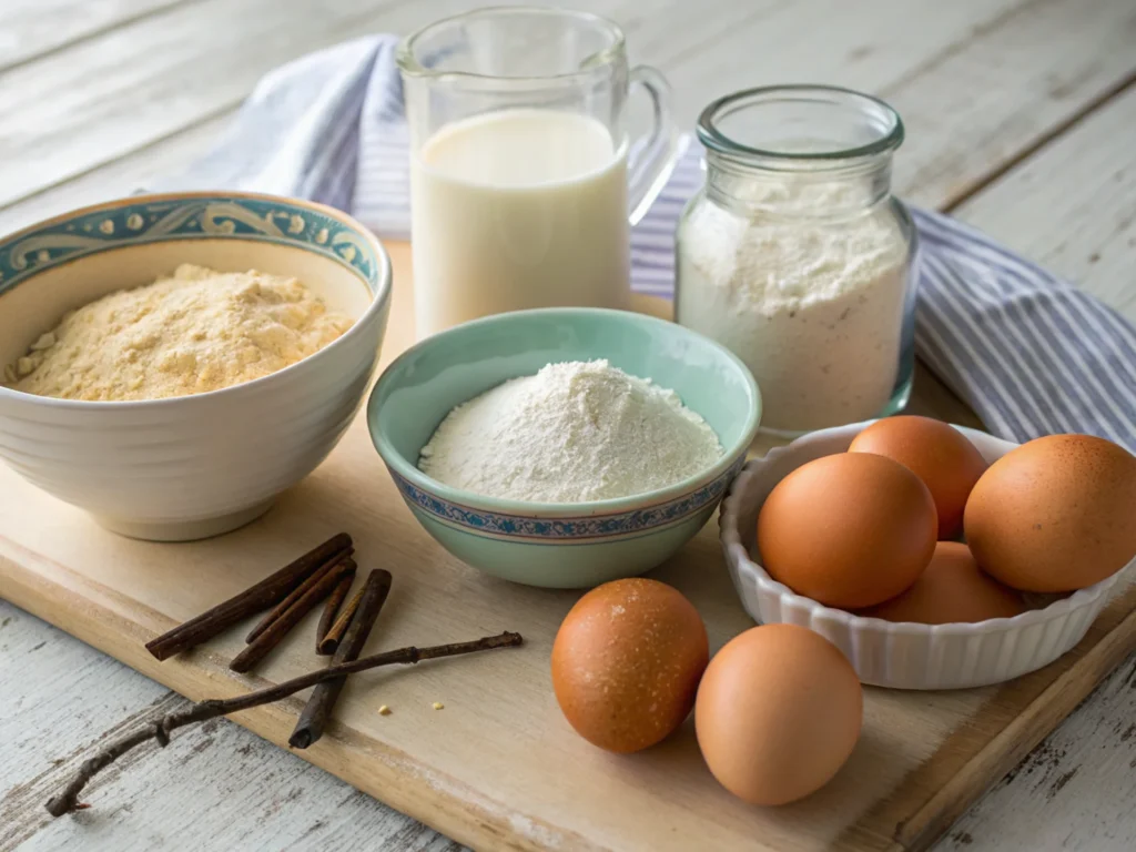 Flat-lay of kefir cake ingredients on a wooden countertop