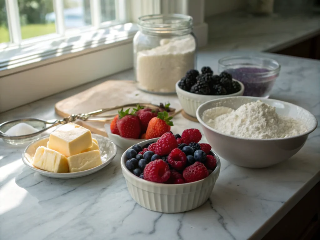 Fresh ingredients arranged on a marble countertop