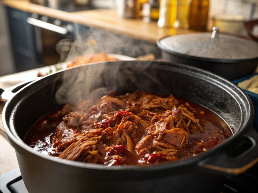 Pulled pork simmering with steam rising