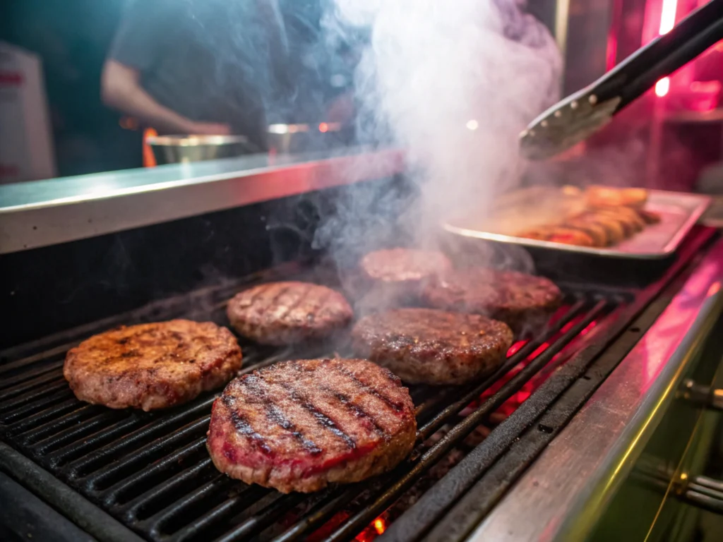 Grilling brisket burgers with visible steam and grill marks.