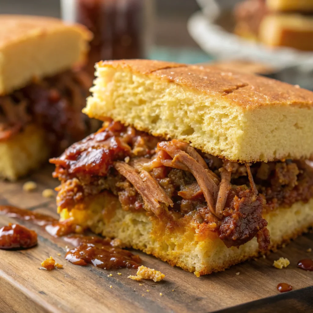 Macro shot highlighting the golden crust of the bread and tender, saucy pulled pork inside.