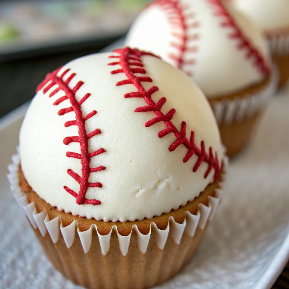 Close-up of a cupcake with red stitches