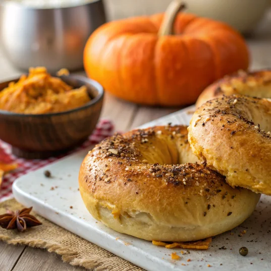 Close-up of a freshly baked pumpkin bagel with a golden crust