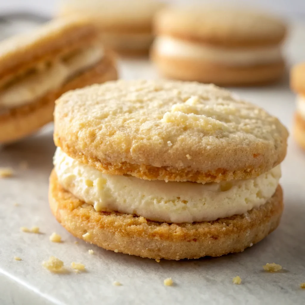 Close-up of a biscuit showing its crumbly texture and creamy filling