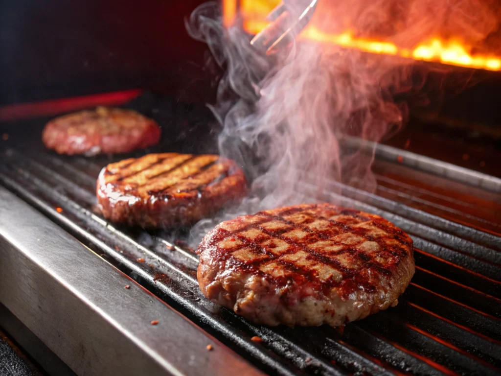 Patty sizzling on a grill with steam rising, showing the cooking process